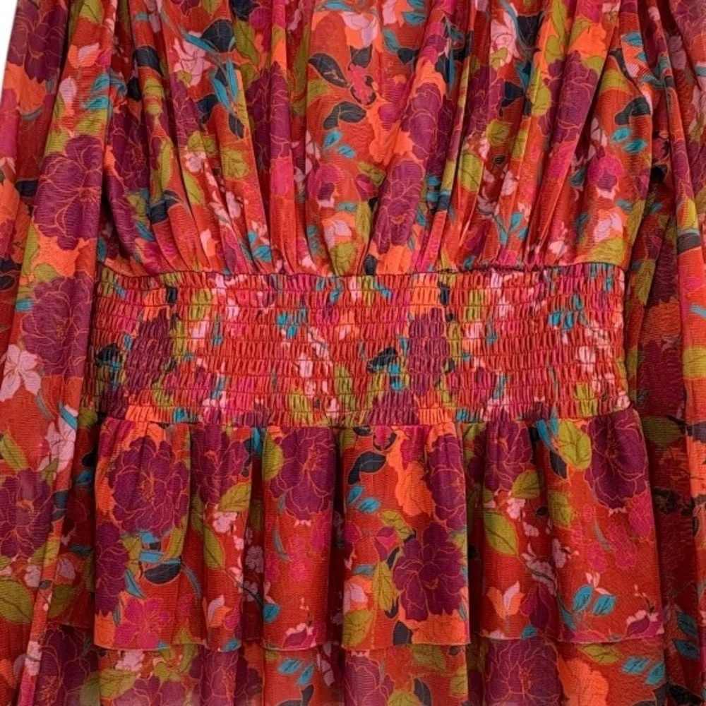 DR2 Daniel Rainn Mesh Floral Babydoll Top Sz. XS Orange Red Peplum Smocked Y2K - Picture 6 of 12